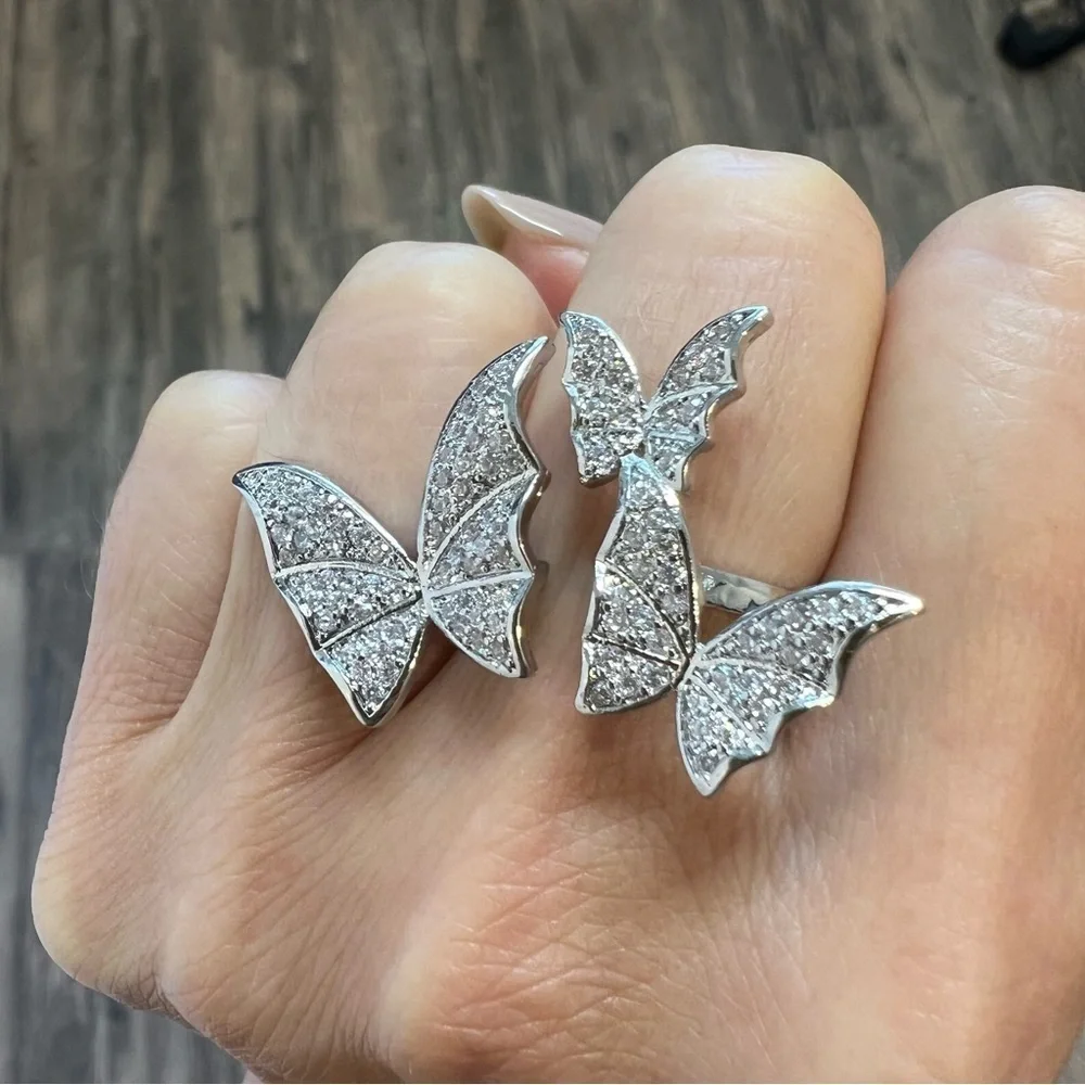 NWT Triple Silver With Crystals Butterfly Ring Adjustable Size